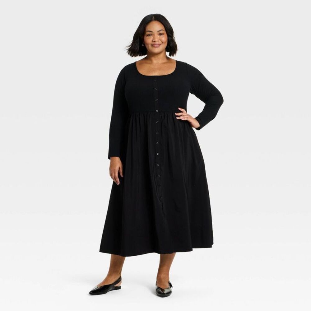 Women's Long Sleeve Button-Front Maxi Dress - Ava & Viv Black XXL